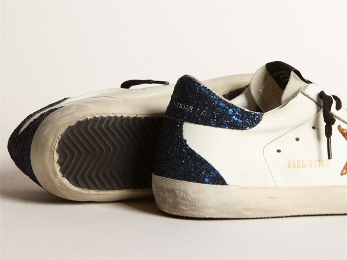 GOLDEN GOOSE Super-Star sneakers with peach-pink glitter star and blue glitter heel tab