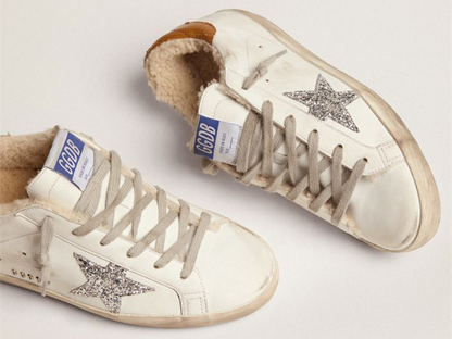 GOLDEN GOOSE Super-Star sneakers with shearling lining, silver glitter star and lizard-print dove-gray leather heel tab
