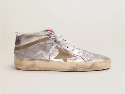 GOLDEN GOOSE Mid Star sneakers in silver metallic leather with star and flash in dove-gray suede