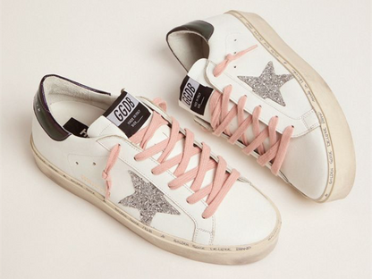 GOLDEN GOOSE White Hi-Star sneakers with glittery star and pink laces
