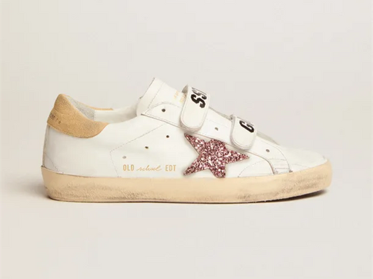 GOLDEN GOOSE Old School sneakers with pink glitter star and sand-colored suede heel tab