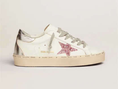 GOLDEN GOOSE Hi Star sneakers with silver laminated leather heel tab and pink glitter star