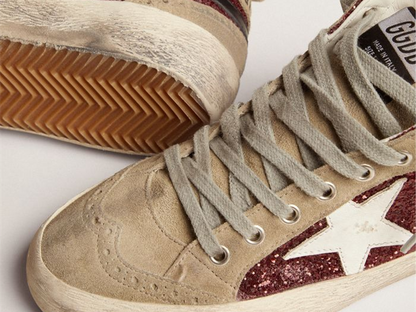 GOLDEN GOOSE Mid Star sneakers in burgundy glitter with dove-gray suede inserts and white leather star