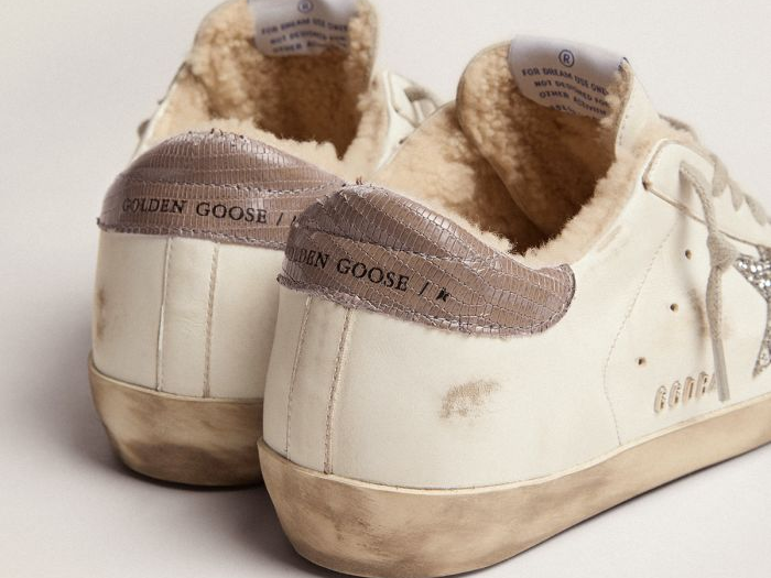 GOLDEN GOOSE Super-Star sneakers with shearling lining, silver glitter star and lizard-print dove-gray leather heel tab