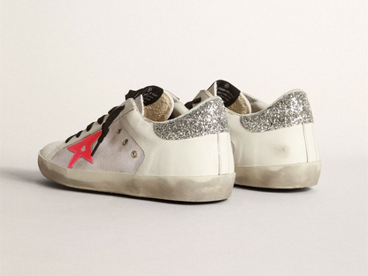 GOLDEN GOOSE Super-Star sneakers in white leather and canvas with shocking-pink leather star and silver glitter