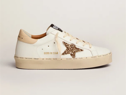 GOLDEN GOOSE Hi Star sneakers with gold glitter star and beige leather heel tab