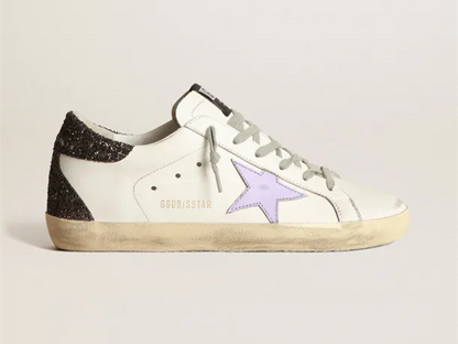 GOLDEN GOOSE Super-Star sneakers with lilac leather star and purple glitter crocodile-print heel tab