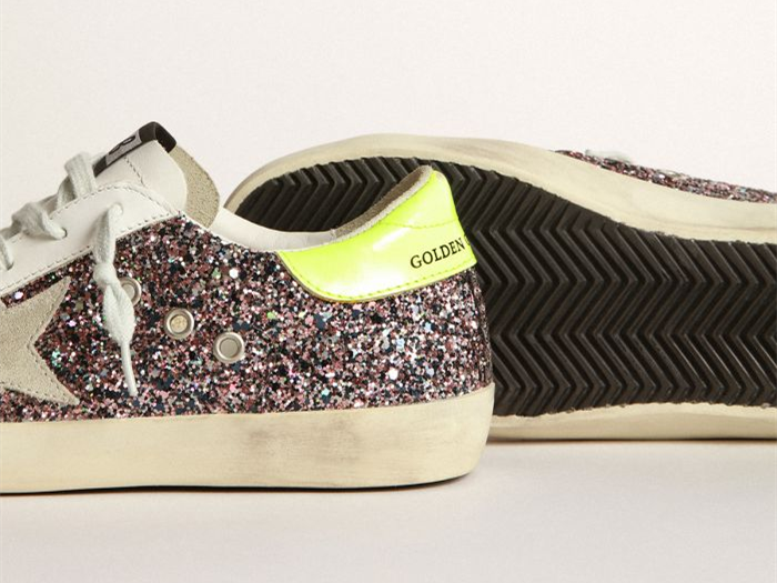 GOLDEN GOOSE Super-Star sneakers in gray and pink glitter with ice-gray suede star and fluorescent yellow leather