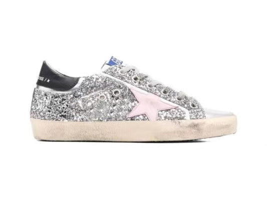 GOLDEN GOOSE Women's Super-Star in silver leather with pink star