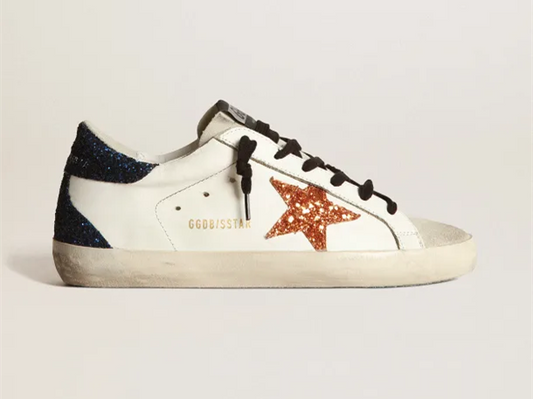 GOLDEN GOOSE Super-Star sneakers with peach-pink glitter star and blue glitter heel tab