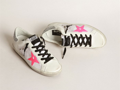 GOLDEN GOOSE Super-Star sneakers in white leather and canvas with shocking-pink leather star and silver glitter
