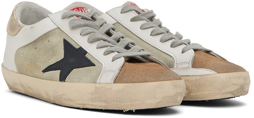 GOLDEN GOOSE White & Green Super-Star Double Quarter Low-Top Sneakers