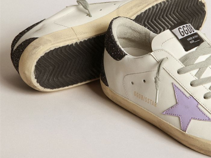 GOLDEN GOOSE Super-Star sneakers with lilac leather star and purple glitter crocodile-print heel tab