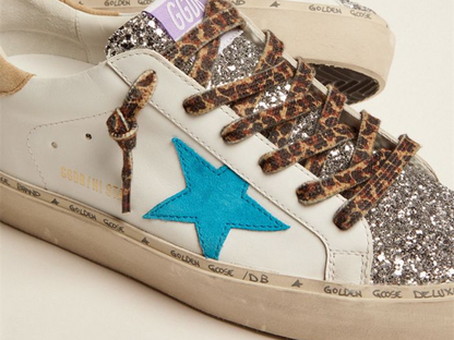 GOLDEN GOOSE Hi Star LTD sneakers with silver glitter tongue and cyan-blue suede star