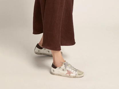 GOLDEN GOOSE Super-Star sneakers with brown glitter heel tab and pink crackled leather star