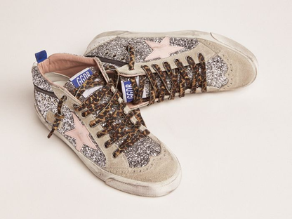 GOLDEN GOOSE Mid Star sneakers with silver glitter upper and pale pink star