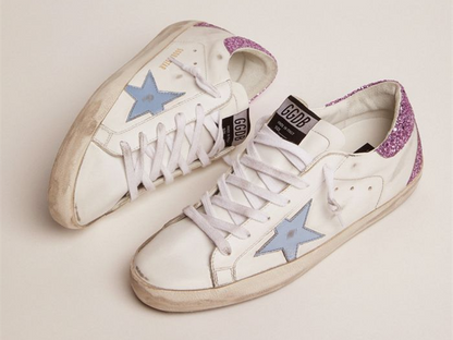 GOLDEN GOOSE Super-Star sneakers with lavender glitter heel tab and light-blue metallic leather star