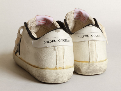 GOLDEN GOOSE Super-Star LTD sneakers in beige canvas with black leather star and white leather heel tab